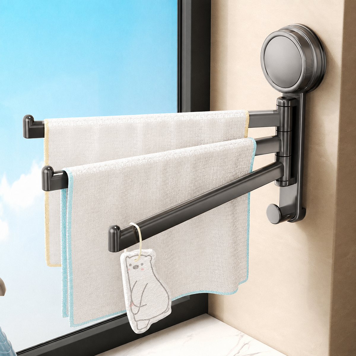 3-Arm Rotating Suction Cup Towel Rack