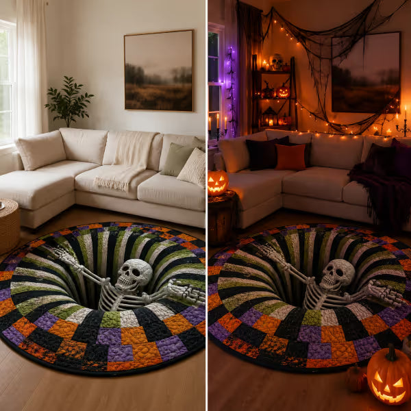 🎉 🎃3D Skeleton Vortex Quilted Round Halloween Rug